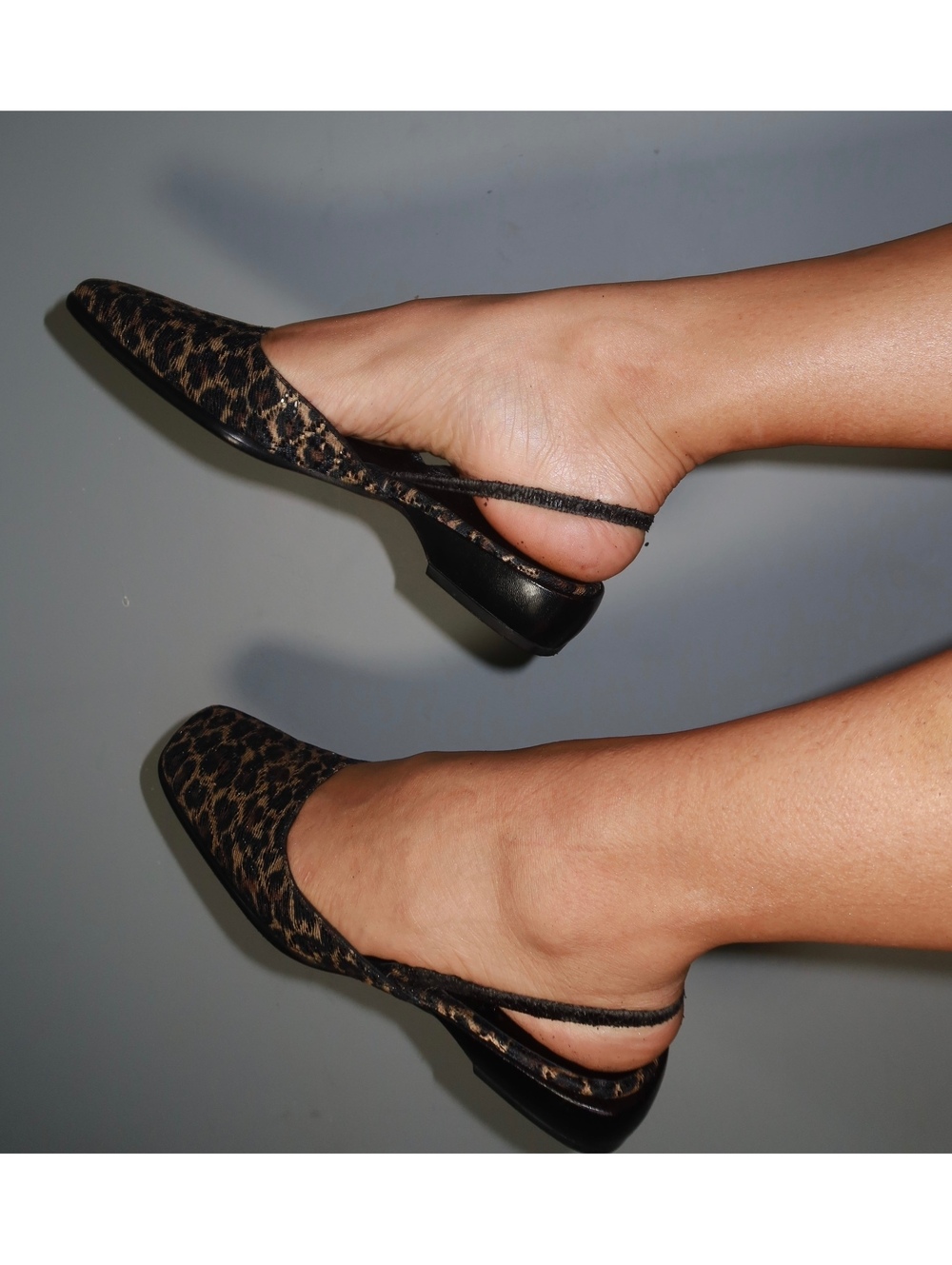 Vintage 90s Leopard Print Square Toe Leather Slingback Flats